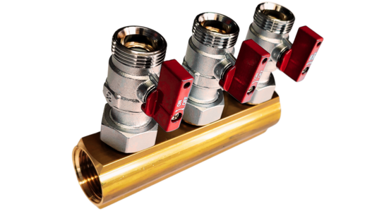 Manifold 3x red with large mini ball valves